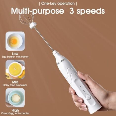(blanc)Mousseur à lait électrique Rechargeable - 3 vitesses - Accessoires interchangeables - Blanc