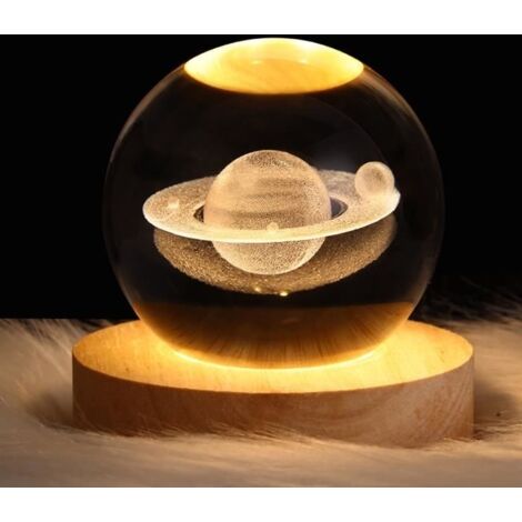 (Blanc)OEMG Veilleuse Boule de Cristal LED 3D Verre avec Base Éclairage en Bois Décoration Cadeau pour Anniversaire Style Voie Lactée 8 cm