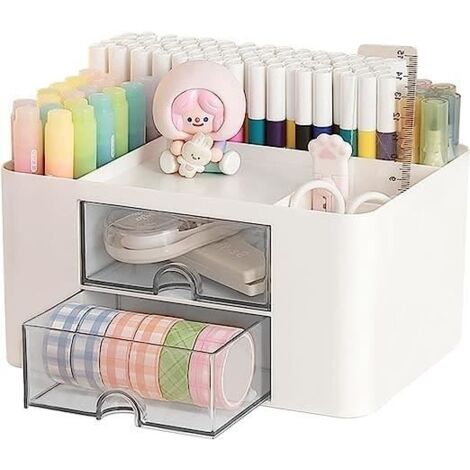 (blanc)Porte-Stylo en Plastique avec Tiroirs Coulissants et Compartiments - Maison - Blanc - PS/HIPS - 14x10x19.5cm