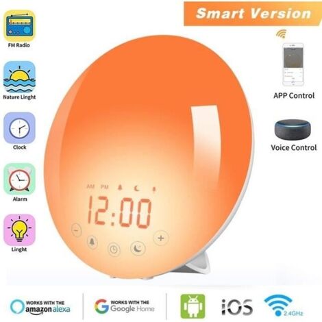(Blanc)Réveil Lumineux Simulateur d'Aube et Crépuscule 7 Color Lights Radio FM Double Alarme Fonction Snooze Veilleuse