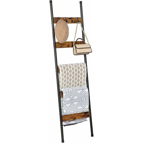 Blanket Ladder, Towel Rack with Hooks, Towel Ladder, 5-Tier Wall-Leaning Blanket Rack, Decorative Display Ladder Shelf, for Scarves, Bedroom, Industrial, HOOBRO EBF52CJ01