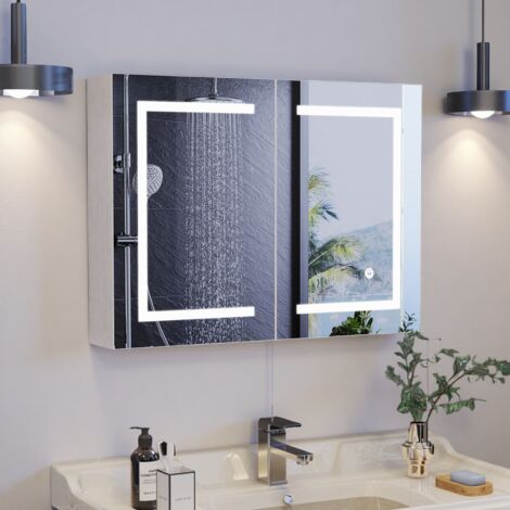 BLANKETSWARM - Armoire de salle de bain avec miroir et LED, armoire murale de salle de bain, miroir salle de bain avec prise et 2 étagère réglable, température de couleur réglable,80 x 13 x 60 cm