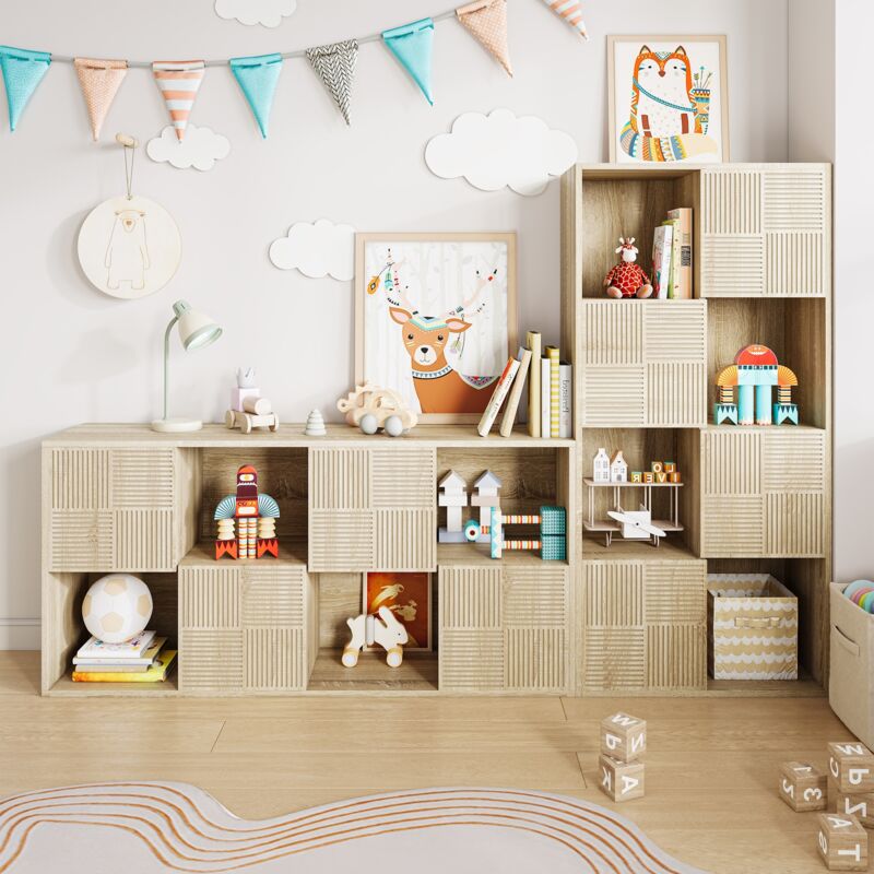 BLANKETSWARM - Bibliothèque enfant modulable 125X30X60cm, meuble de rangement enfant à 8 cases, Meuble jouet enfant avec 4 portes sculptées - Naturel
