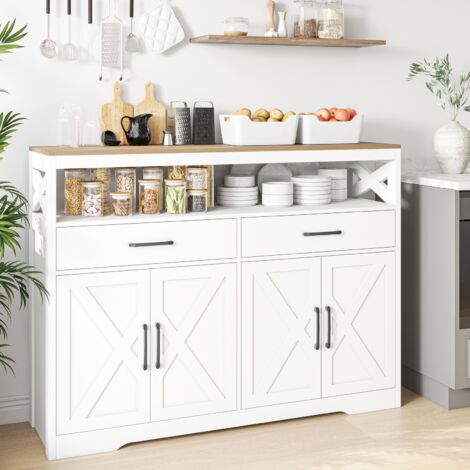 BLANKETSWARM - Buffet classique chic 4 portes, 140 x 40 x 105 cm– 2 étagères – Niche pour petit électroménager – Blanc