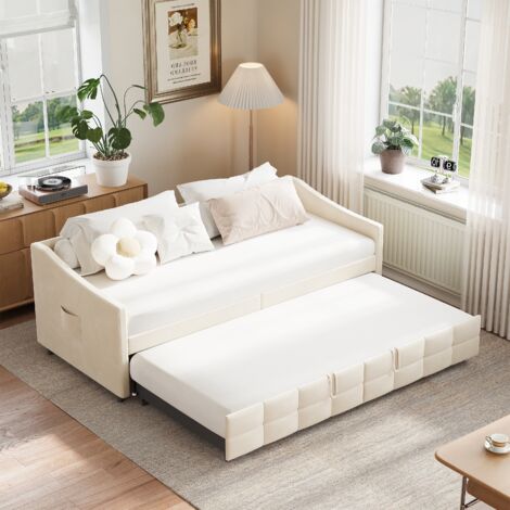 BLANKETSWARM - Canapé lit convertible 2 places 90/180 x 200 cm, Lit gigogne adulte avec sommier à lattes, Canapé-lit gigogne, Extensible, Tissu velours, Sans matelas, Beige