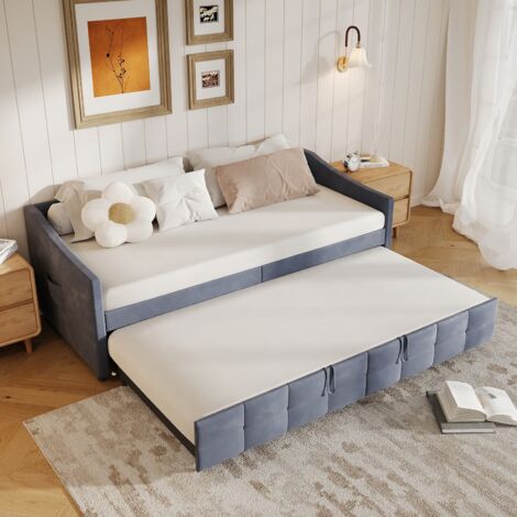 BLANKETSWARM - Canapé lit convertible 2 places 90/180 x 200 cm, Lit gigogne adulte avec sommier à lattes, Canapé-lit gigogne, Extensible, Tissu velours, Sans matelas, Gris