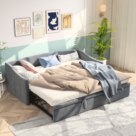 BLANKETSWARM - Canapé lit convertible 2 places 90/180 x 200 cm, Lit gigogne adulte avec sommier à lattes, Canapé-lit gigogne, Extensible, Tissu velours, Sans matelas, Gris