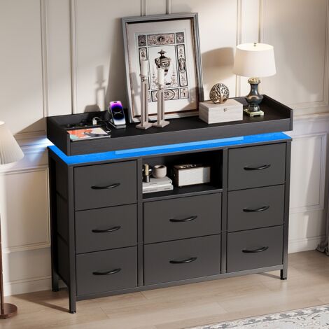 BLANKETSWARM - Commode rétro 8 tiroirs en tissu – LED – Station de charge – 108 x 30 x 82 cm – Structure en métal et MDF – Noir