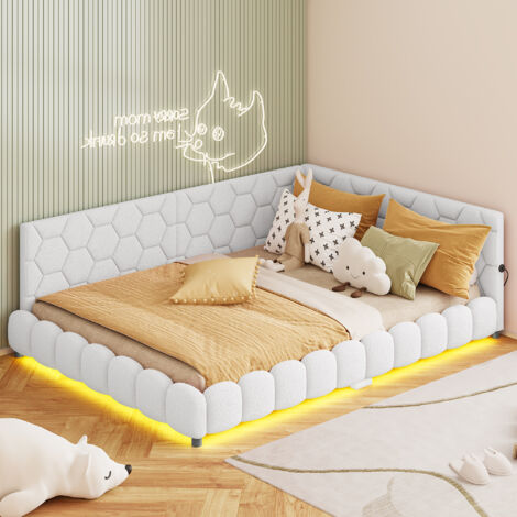 BLANKETSWARM - Lit adulte 140x200 cm,  lit double capitonné avec sommier à lattes - Éclairage LED réglable - Ports USB intégrés, Velours, Blanc