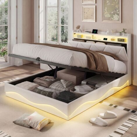BLANKETSWARM - Lit coffre 140 x 200 cm avec LED, lit double rembourré – Tête de lit avec chargement USB et lumières LED – Velours beige