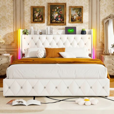 BLANKETSWARM - Lit coffre 140 x 200  cm avec sommier, Lit double 140x200  cm - LED réglable - Ports USB - Tête de lit à lignes ondulantes - Rivets décoratifs - Velours - Blanc