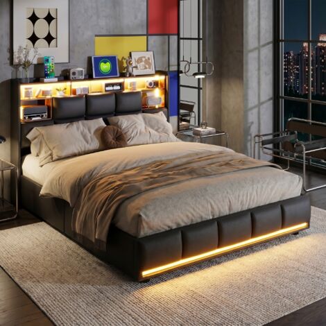 BLANKETSWARM - Lit coffre 140x190 cm avec sommier, lit adulte double avec tête de rangement- Ports USB et LED réglables - PU Noir