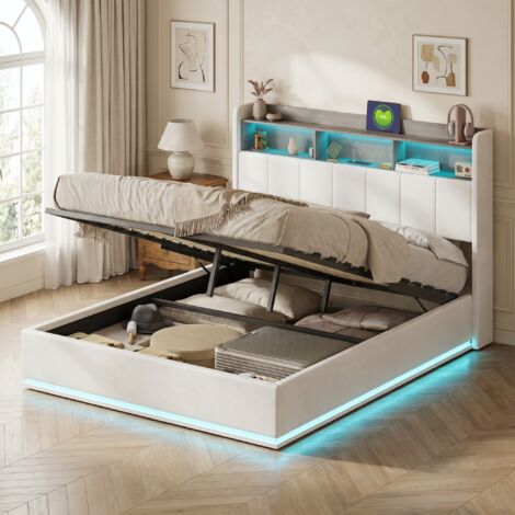 BLANKETSWARM - Lit coffre 140x190 cm avec sommier, lit adulte double avec tête de rangement- Ports USB et LED réglables - Velours Beige