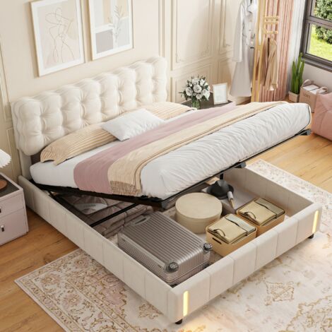 BLANKETSWARM - Lit coffre adulte 140 x 190 cm, Lit double 140 x 190 avec LED réglable - Tête de lit capitonné  - Sommier à lattes - Velours - Beige