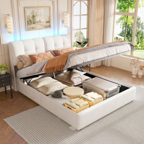 BLANKETSWARM - Lit Coffre Adulte 160 x 200 cm, Lit Double 160 x 200 avec LED Réglable - Tête de Lit Capitonné  - Sommier à Lattes - Velours - Beige