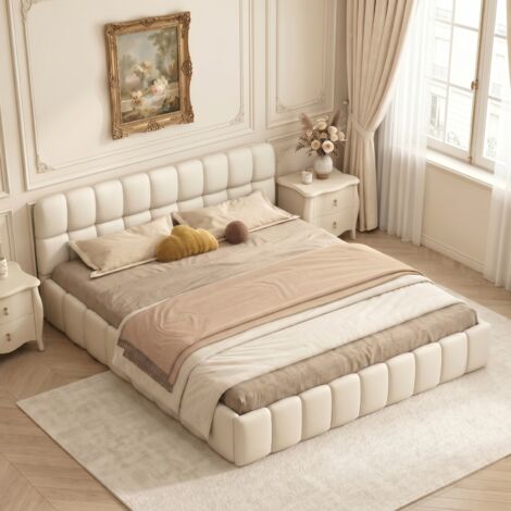 BLANKETSWARM - Lit double rembourré 140x190 cm, Lit bubble avec sommier à lattes, Cadre de lit, Lit 2 personnes, Lit capitonné avec tête de lit, Lin Beige (sans Matelas)