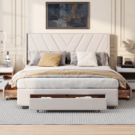 BLANKETSWARM - Lit double rembourré 160 x 200 cm, lit adulte 160x200 avec 3 tiroirs, lit capitonné avec tête de lit, Lin Beige