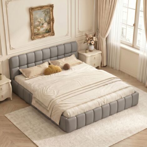BLANKETSWARM - Lit double rembourré 160x200 cm, Lit bubble avec sommier à lattes, Cadre de lit, Lit 2 personnes, Lit capitonné avec tête de lit, Lin Gris (sans Matelas)