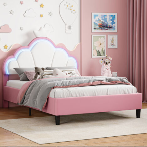 BLANKETSWARM - Lit enfant 140 x 190 cm couronne rose, Lit princesse fille  avec sommier à lattes – Bandes lumineuses LED réglables, Velours,  Rose