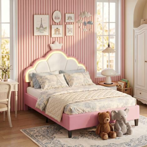 BLANKETSWARM - Lit enfant 90x200 cm, lit fille avec LED, lit princesse fille avec forme de pétale et couronne rose pour fille, lit simple rose