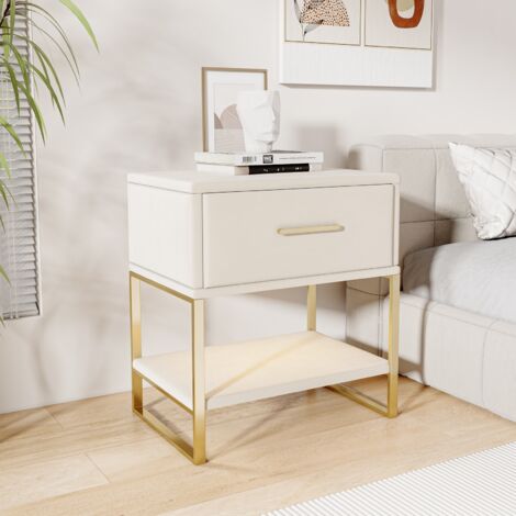 BLANKETSWARM - Lot de 2 Table à Chevet, Table de nuit - 1 Tiroir - Manches et pieds en couleur doré - Style scandinave pour salon, chambre, 40 x 31 x 50 cm, Velours Beige