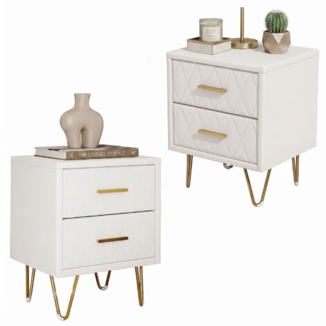 BLANKETSWARM - Lot de 2 Table à Chevet, Table de nuit - 2 Tiroirs - Manches et pieds en couleur doré - Style scandinave pour salon, chambre, 40 x 35 x 51 cm, Beige