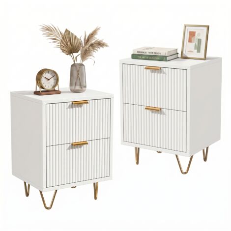 BLANKETSWARM - Lot de 2 Table à Chevet, Table de nuit - 2 Tiroirs - Manches et pieds en couleur doré - Style scandinave pour salon, chambre, 40 x 40 x 55 cm, Velours Blanc