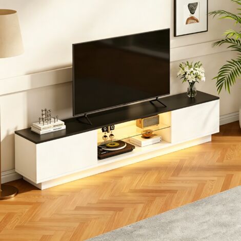 BLANKETSWARM - Meuble TV 160 cm avec éclairage LED - 2 Portes  et étagères en verre – Meuble TV moderne  pour salon ou chambre
160x32x35 cm, Blanc
