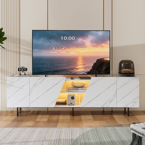 BLANKETSWARM - Meuble TV 220 cm blanc et bois, meuble TV moderne avec Éclairage LED multicolore, 4 portes sans poignées et compartiment ouvert, 220x34.5x67.7 cm
