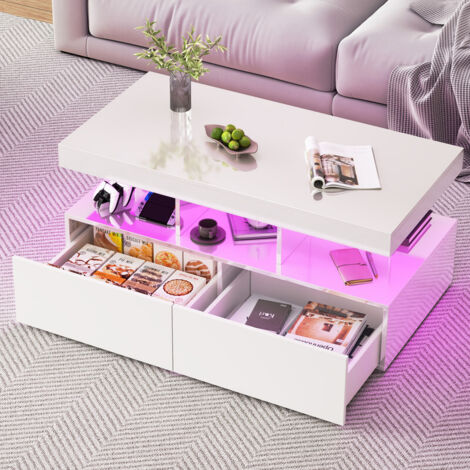 Blanketswarm – Table basse laquée LED 104 x 53 x 46 cm – Éclairage RGB personnalisable – 2 grands tiroirs pour rangement – Design moderne blanc