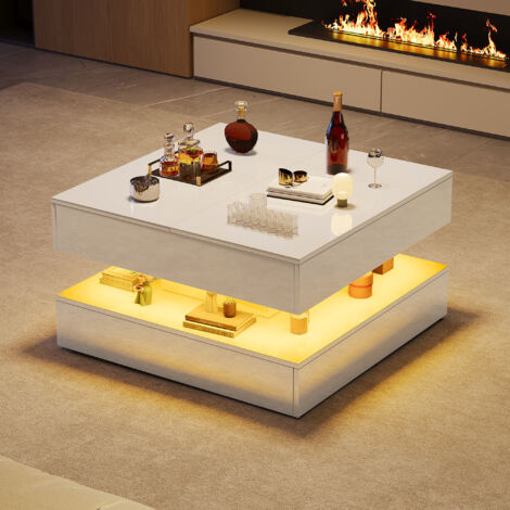 BLANKETSWARM - Table basse moderne, table basse salon  avec 4 tiroirs et LED, haute brillance table basse de luxe moderne table centrale de salon table d'appoint, Blanc