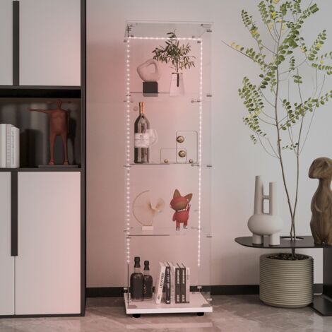 BLANKETSWARM - Vitrine en verre avec ruban LED, 40x35x163 cm, armoire vitrine de collection à serrure, Meuble vitrine verre moderne - 4 étagères et 2 portes - pour salon, chambre ou bureau, Blanc