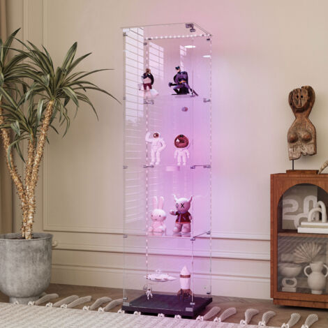BLANKETSWARM - Vitrine en verre avec ruban LED, 40x35x163 cm, armoire vitrine de collection à serrure, Meuble vitrine verre moderne - 4 étagères et 2 portes - pour salon, chambre ou bureau, Noir