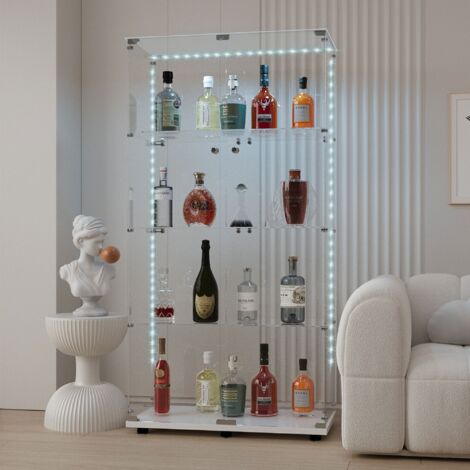 BLANKETSWARM - Vitrine en verre avec ruban LED, 78.5x35x163 cm, armoire vitrine de collection à serrure, Meuble vitrine verre moderne - 4 étagères et 2 portes - pour salon, chambre ou bureau, Blanc