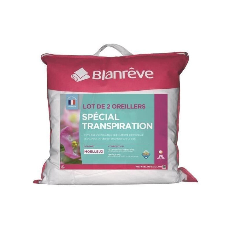 Les Tendances - blanreve Lot de 2 Oreillers Special Transpiration - 60 x 60 cm - Blanc