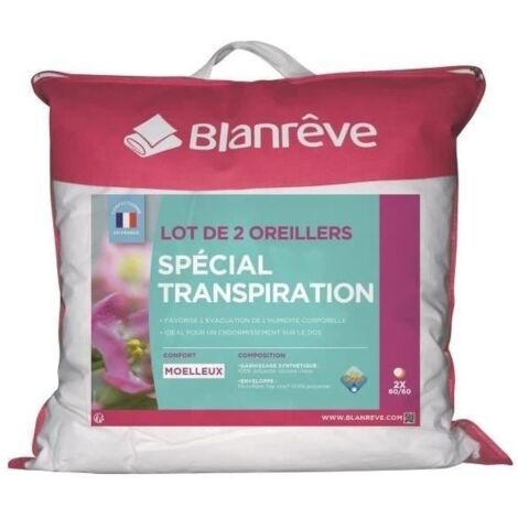 BLANREVE Lot de 2 Oreillers Special Transpiration - 60 x 60 cm - Blanc