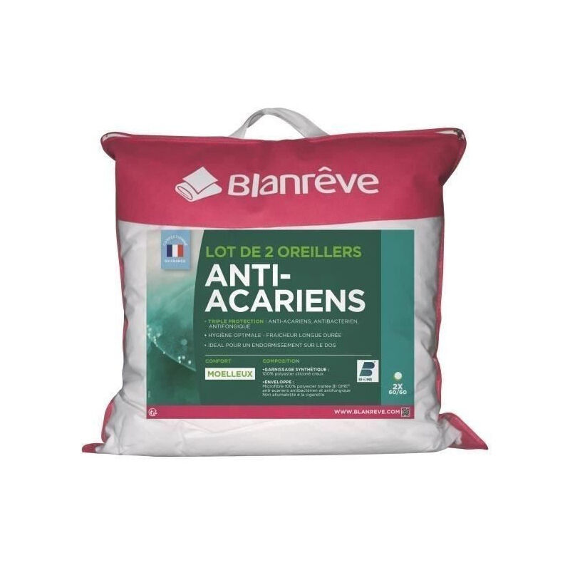 BLANREVE Lot de 2 Oreillers Triple Protection - 60 x 60 cm - Blanc