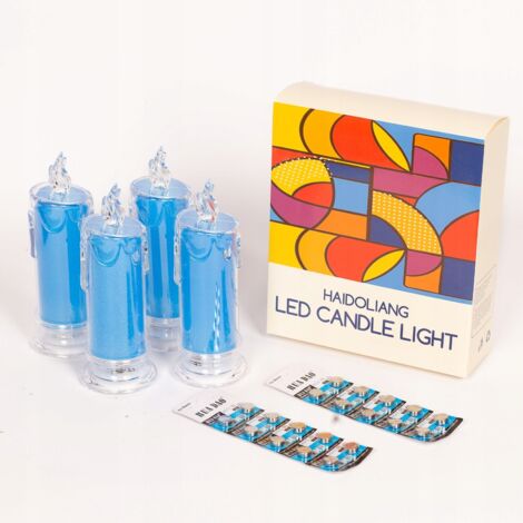 BLAUE LED-KERZEN mit Glitzer 4er-SET + 20 zusätzliche LR44-Batterien