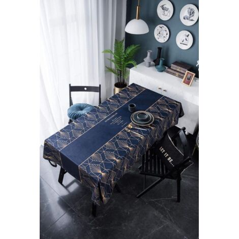 Blaue rechteckige Samttischdecke, goldfarbener Grafikdruck, Polyester