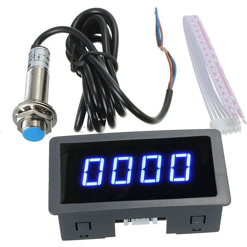 Image of Alovez - Blauer digitaler Drehzahlmesser mit 4 LEDs und Hall-Näherungsschalter-Sensor