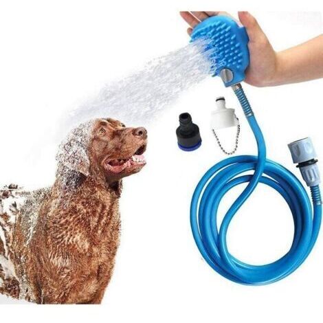 Blauer Duschkopf für Haustiere mit Bürste, 2,3 m langer PVC-Schlauch und 2 Schlauchadapter für Hunde und Katzen