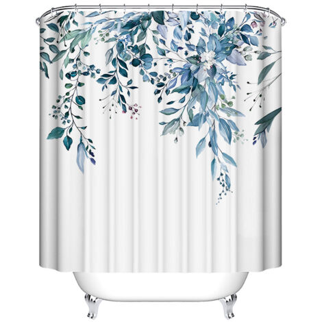 Blauer Duschvorhang aus Polyester mit Blumenmuster, schimmel- und mehltauresistent, mit 12 Haken, schnelltrocknend, wasserdicht, aus Pflanzenfasern, 180 x 180 cm