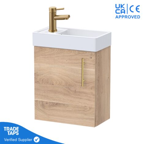 Bleached Oak Gloss Wall Hung Vanity Unit 400mm with Brushed Brass Tap, Waste & Handle