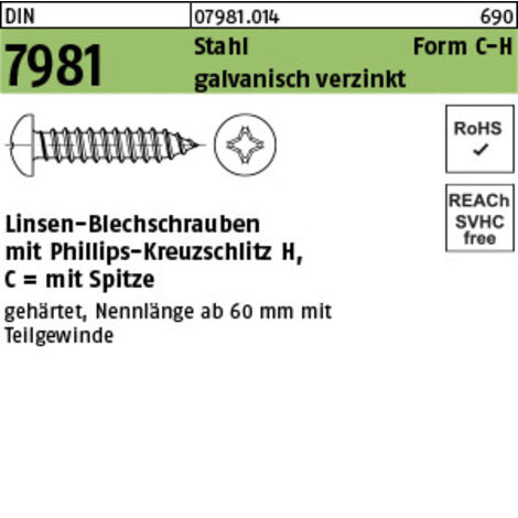 Blechschraube DIN 7981 LIKO PH C3,9x16-H Stahl galv.verz. Spitze 100St.
