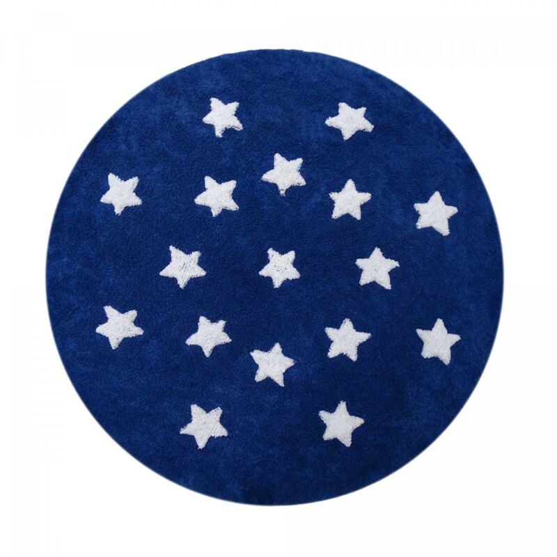 Tapis rond fait à la main Ø140cm bleu foncé en coton motif enfant pour chambre