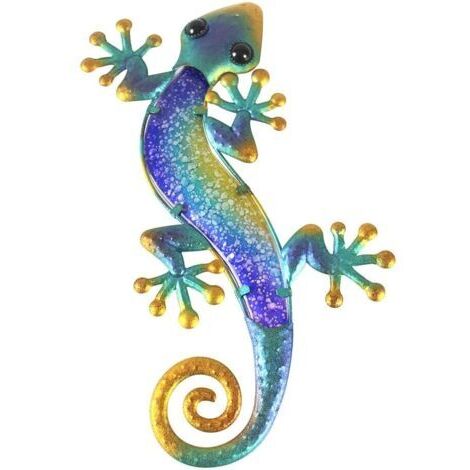 Bleu - 15.2" long, gecko en métal décoration murale extérieure lézard art jardin verre décoration suspendue pour patio ou clôture,.