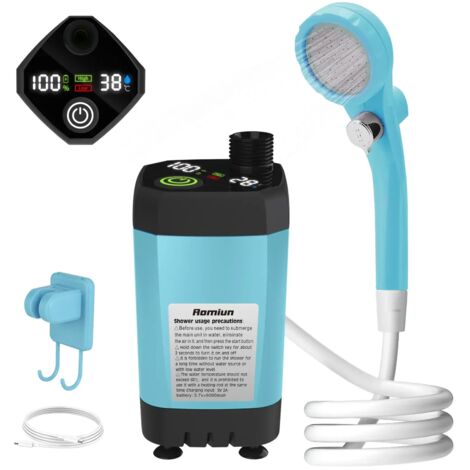 (Bleu 7800 mAh) Pompe de douche de camping, kit de douche extérieure pour camping-car, douche de camping avec affichage numérique intelligent et réglable