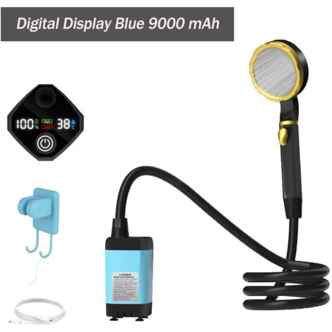 (Bleu 9000 mAh) Pompe de douche de camping, kit de douche extérieure pour camping-car, douche de camping avec écran numérique intelligent et réglable, outils d'extérieur
