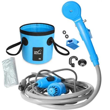 (Bleu avec sac) Douche portable de camping, randonnée et voyage, allume-cigare 12 V, douche extérieure pour arrosage des plantes, nettoyage de voiture et bain d'animaux. Pompe