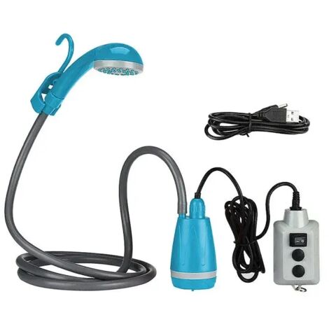 (Bleu) Douche de camping portable, pompe de douche rechargeable, équipement de camping et de randonnée.